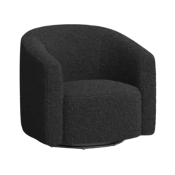 Modern black fuzzy velvet barrel chair with back curving into the arms
