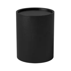 Black metal drum cylinder end table with flat top with a slight lip