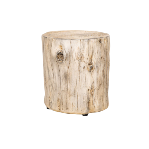 Faux log in a light neutral tone with knots on sides and flat surface for side table