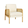 Rubberwood and cane armed chair with cream seat and back cushions. White background