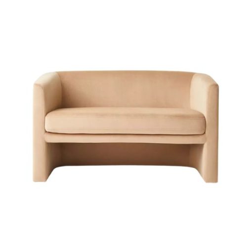 Light brown modern velvet loveseat with curved back flowing into the arms and a single cushion