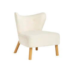 Sculpted accent chair with slight wingback, armless, and light wooden legs