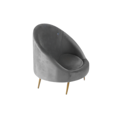 Gray rounded chair with one piece for the seat and curved back. Round cushion. Gold legs.