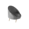 Gray rounded chair with one piece for the seat and curved back. Round cushion. Gold legs.