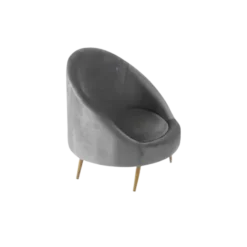 Gray rounded chair with one piece for the seat and curved back. Round cushion. Gold legs.