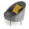 Gray rounded egg shaped chair with golden square pillow against a white backdrop.