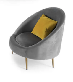 Gray rounded egg shaped chair with golden square pillow against a white backdrop.