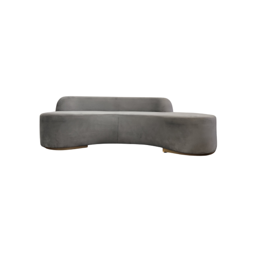 Modern curved gray velvet sofa with one solid base for the seat and raised half back across 3/5ths. Gold legs.