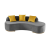 Gray modern minimalist sofa with one piece seat, a raised back over 3/4 of the seat, and barely visible gold legs on the ends.