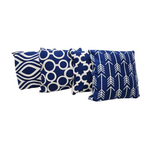 4 coordinating pillows in royal blue with white geometric designs