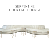 19 foot curved sectional in cream. 5 white marble round tables with gold legs spread along the sofa