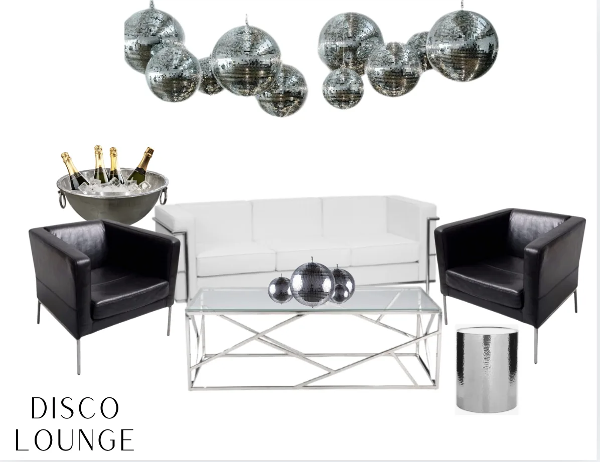 Disco Lounge Package Rental WEBP Black and white themed lounge area with leather furniture. White sofa with silver accents, two black boxy chairs. Silver and glass rectangle coffee table in front of the couch with a silver side table. Silver floor length champagne bucket behind a chair and disco balls hanging from the ceiling.