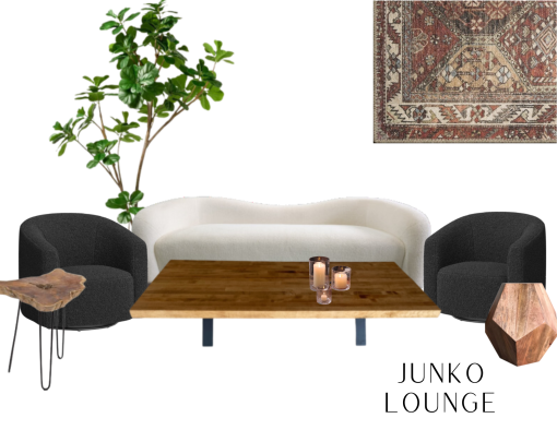 Curved white sofa with black, bouncile swivel chairs. Wooden coffee and side tables paired with a boho rug.