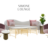 White sofa with two dusty pink swivel chairs. Glass coffee table with gold legs. Green fiddle plant on one side table.