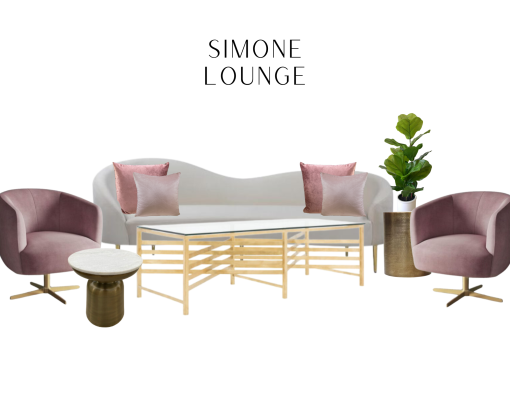 White sofa with two dusty pink swivel chairs. Glass coffee table with gold legs. Green fiddle plant on one side table.