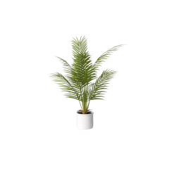 A white vase with a small green tabletop palm plant.