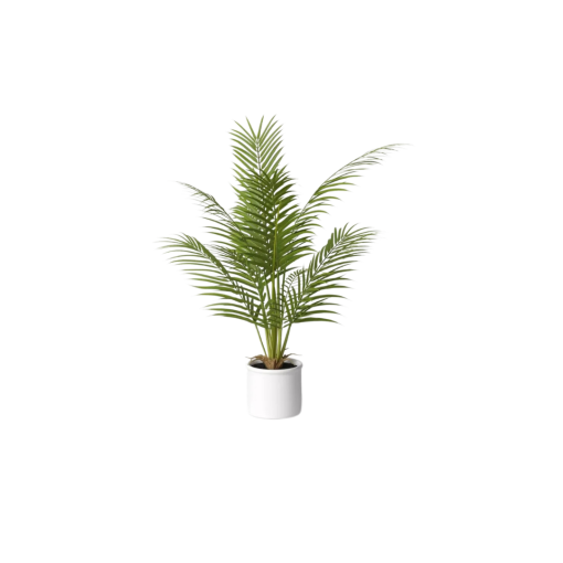 A white vase with a small green tabletop palm plant.