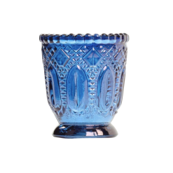 3 inch tall blue glass votive with vintage etched design.