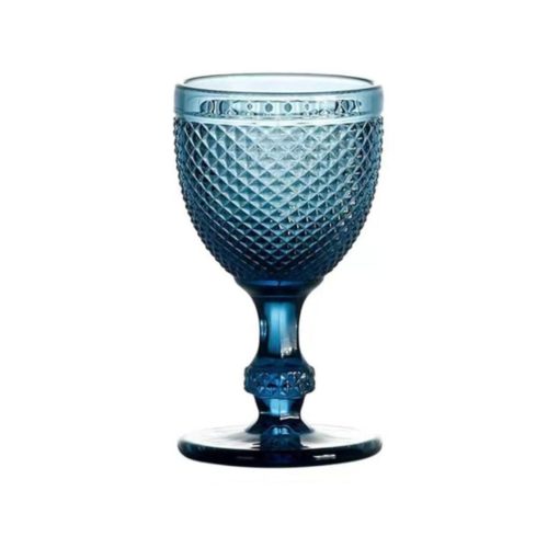 Textured glass goblet in navy blue with stem and round base.