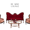 Lounge package including one deep reed sofa and two dusty pink accent chairs. A glass coffee table sits in the middle.