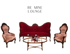 Lounge package including one deep reed sofa and two dusty pink accent chairs. A glass coffee table sits in the middle.