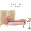 A pink fainting sofa with a gold paneled backdrop. Sitting beside the sofa is a small round gold side table and a vintage telephone sitting on top.