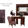 This package includes a dark wood desk and fireplace mantle. A purple, vintage, velvet chair sits behind the desk and a darker, moody rug is placed underneath.