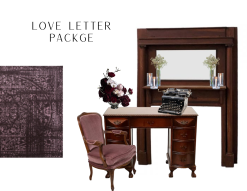 This package includes a dark wood desk and fireplace mantle. A purple, vintage, velvet chair sits behind the desk and a darker, moody rug is placed underneath.