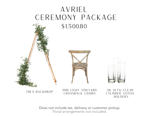 Triangle arch, light wood crossback chair, and a set of clear cylinder votive candle holders.