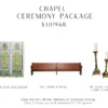 Intricate blue and green stained glass backdrop, 10-12 feet church pew, and giant gold candlesticks.
