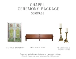 Intricate blue and green stained glass backdrop, 10-12 feet church pew, and giant gold candlesticks.