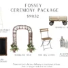 A woodland arch that is made of branches, folding brown ceil chairs with black metal. a white wagon made of wood, a large chalkboard with an ivory easel, and rustic white lanterns.