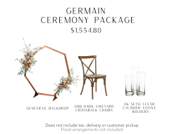 Hexagon shaped backdrop made of wood, dark resin vineyard crossback chair, and a set of clear cylinder votive holders.