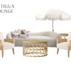 Cream colored sofa and two chairs, round, circular coffee table, white side table, and a cream umbrella