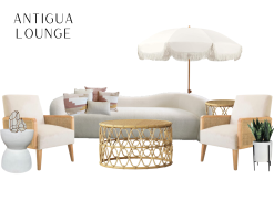 Cream colored sofa and two chairs, round, circular coffee table, white side table, and a cream umbrella