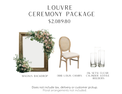 A giant standing picture frame as a backdrop, once upholstered oval chair, and a set of clear cylinder candle votives.