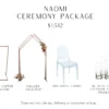 Copper, triangle shaped archway with two tall copper sign holders, clear acrylic, oval chairs and a set of clear cylinder votives.