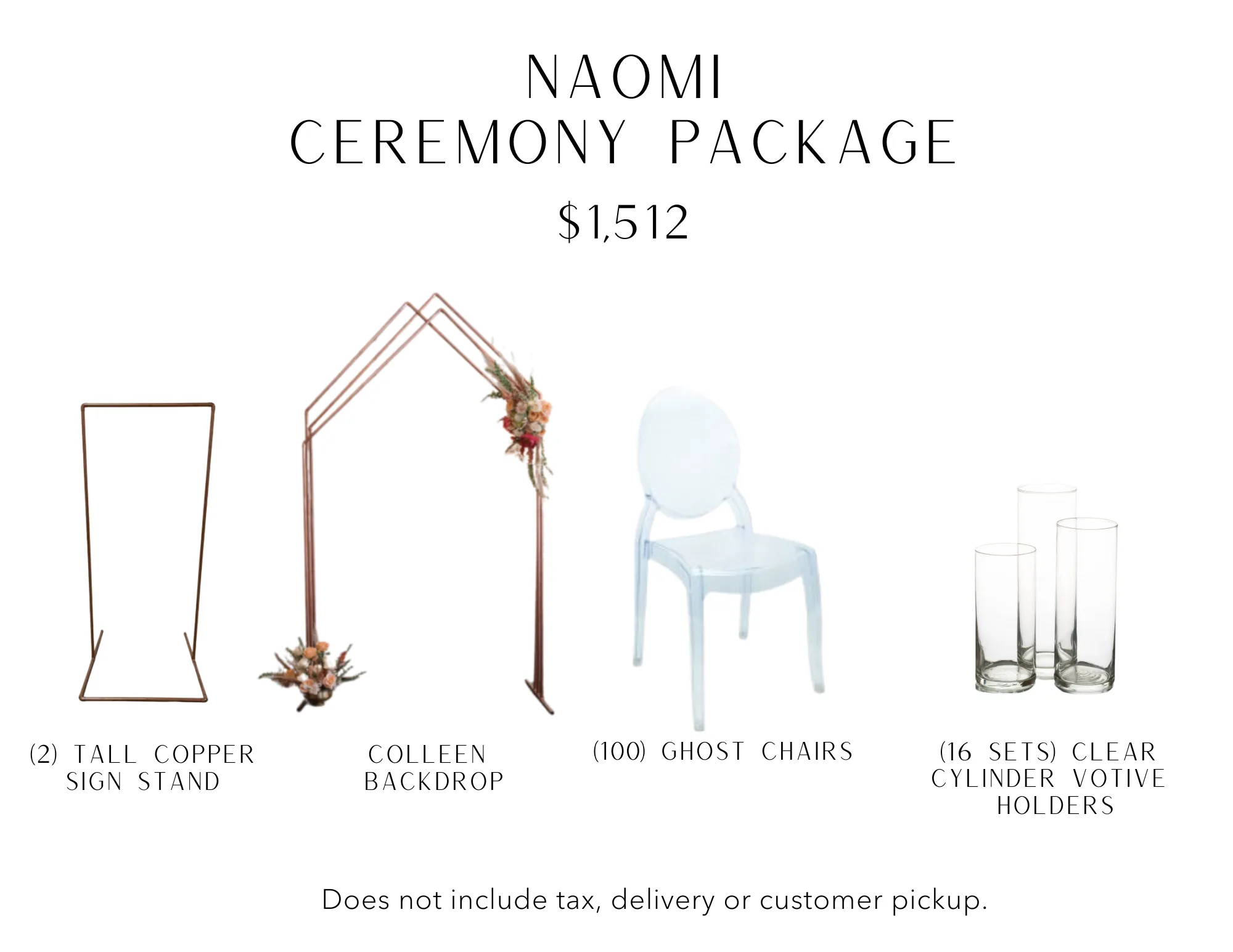 Naomi Ceremony WEBP Copper, triangle shaped archway with two tall copper sign holders, clear acrylic, oval chairs and a set of clear cylinder votives.