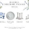 100 light blue matching goblets, 100 vintage blue china salad and dinner plates, 39 medium glass candlesticks, and 39 small glass candlesticks.