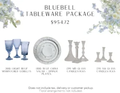 100 light blue matching goblets, 100 vintage blue china salad and dinner plates, 39 medium glass candlesticks, and 39 small glass candlesticks.