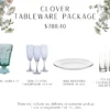 Package includes 100 mint matching goblets, 100 classic champagne flutes, 100 glass dinner plates, and 13 sets of glass cylinder votives.