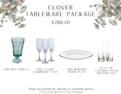Package includes 100 mint matching goblets, 100 classic champagne flutes, 100 glass dinner plates, and 13 sets of glass cylinder votives.