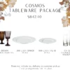 Tableware package includes 100 brown mismatched goblets, 100 white dinner and salad plates, 13 sets of clear cylinder votive holders.