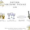 This tableware package includes 50 mismatched yellow and 50 mismatched clear goblets, `100 dinner and salad plates, and a variety of glass bud vases.