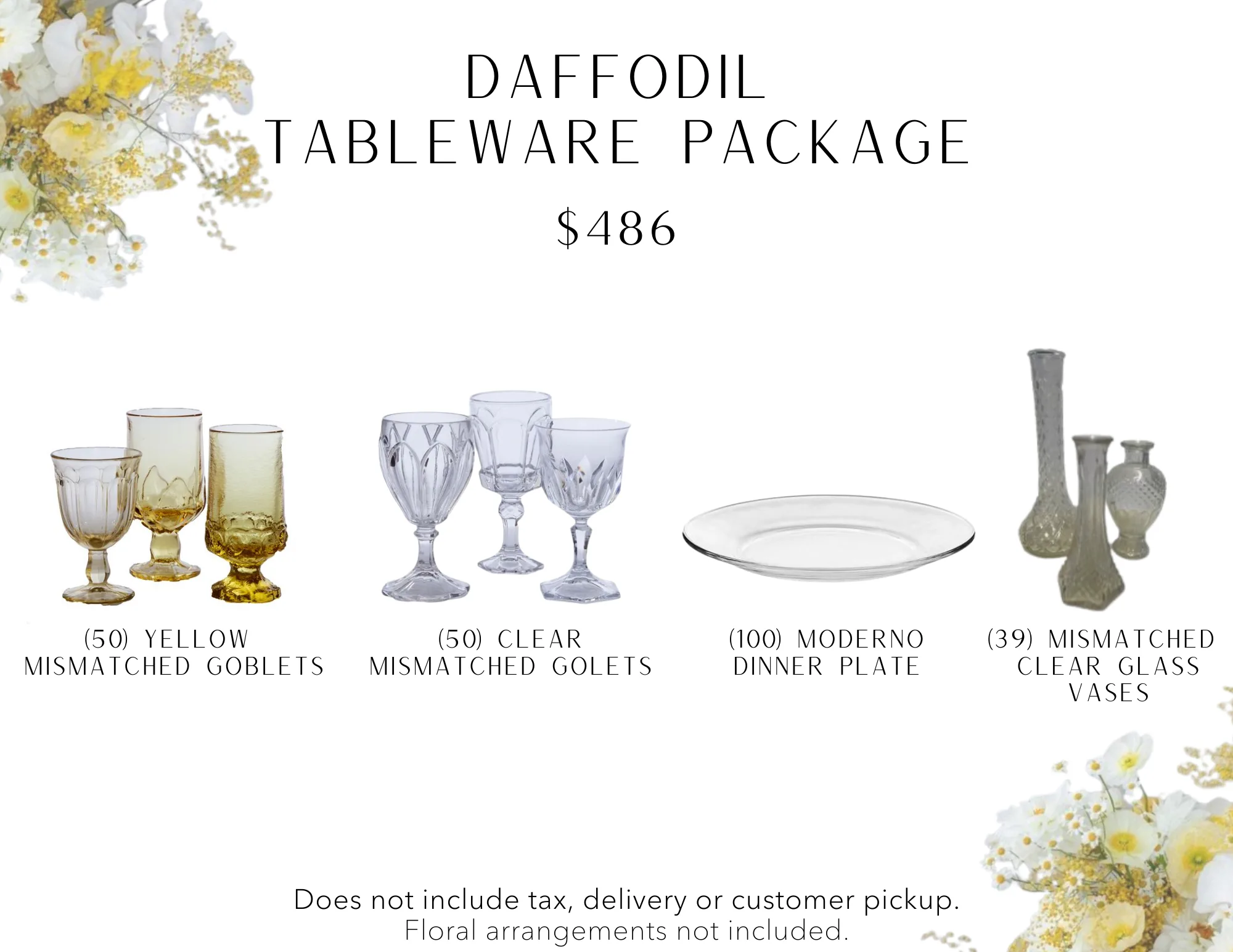 Daffodil (2) WEBP This tableware package includes 50 mismatched yellow and 50 mismatched clear goblets, `100 dinner and salad plates, and a variety of glass bud vases.