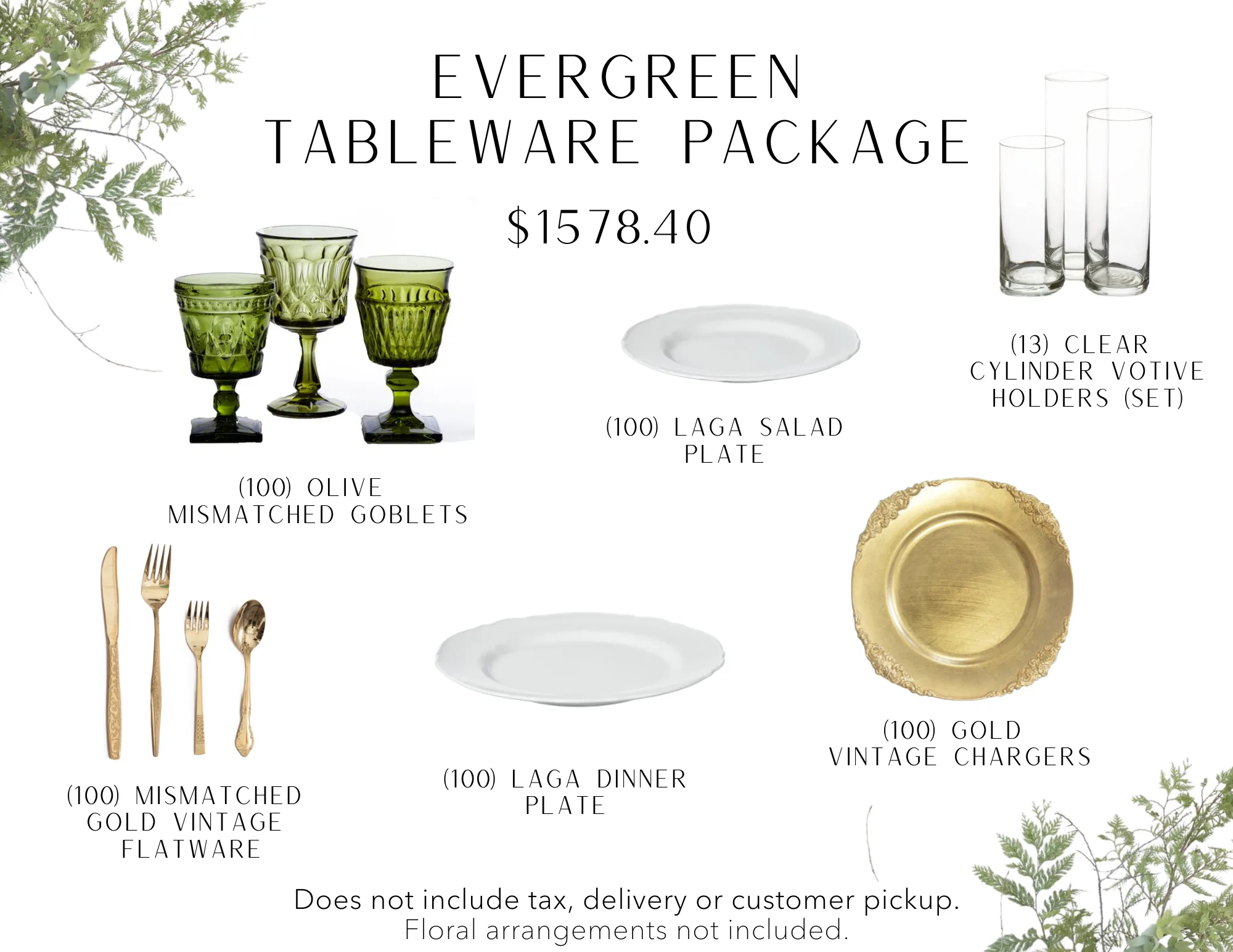 Evergreen WEBP Tableware package includes 100 olive green goblets, 100 white dinner and salad plates, 13 sets of clear cylinder votives, 100 vintage gold flatware, and 100 gold vintage chargers.