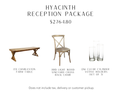 This package includes 100 light wood crossback chairs, 13 light wood farm tables. and 26 sets of clear cylinder votive holders.