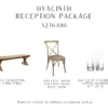 This package includes 100 light wood crossback chairs, 13 light wood farm tables. and 26 sets of clear cylinder votive holders.