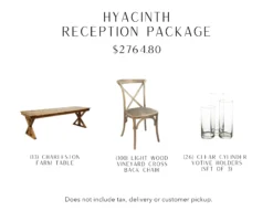 This package includes 100 light wood crossback chairs, 13 light wood farm tables. and 26 sets of clear cylinder votive holders.