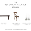 Reception package includes 13 dark wood farm tables, 100 dark resin cross back chairs, and 26 sets of clear cylinder votive holders.
